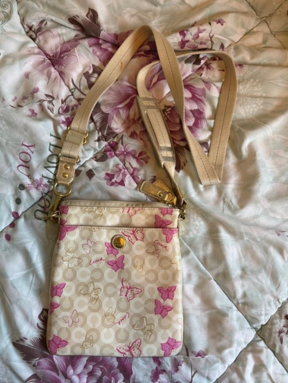 Coach Waverly Light Khaki Pink Butterfly Signature Swingpack Crossbody